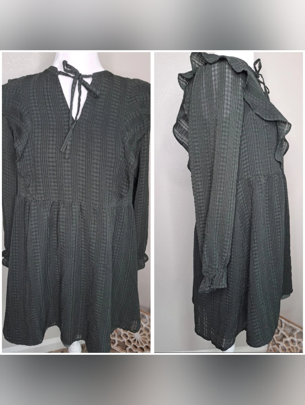 Loft Evergreen Textured Smocked Ruffle Tie Neck Mini Dress XS Petite Swing Boho